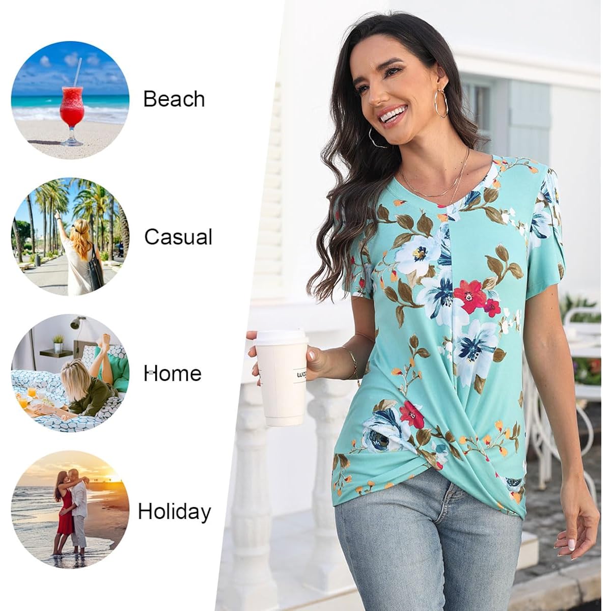 Women's Twist Front V-Neck Tunic Top V-White Floret