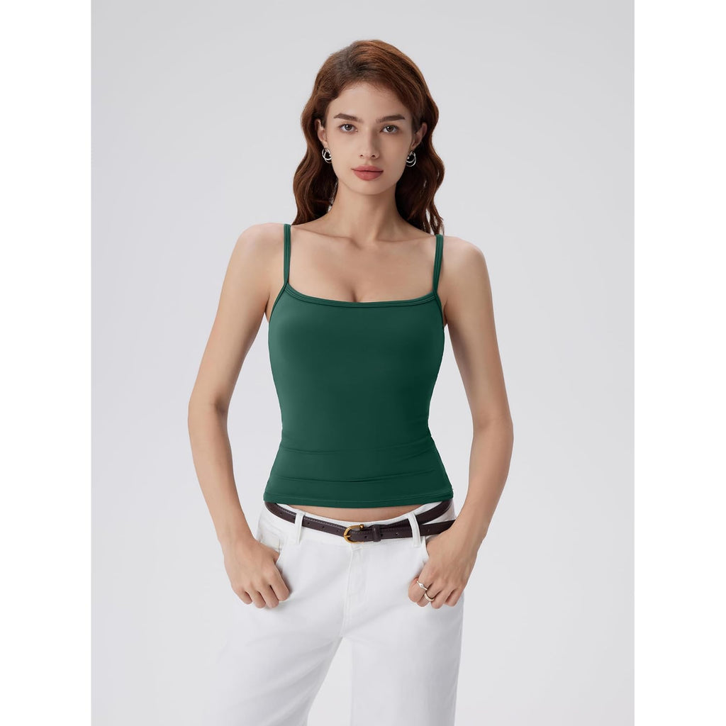 SUUKSESS Women Built in Bra Tank Tops Double Line Going Out Basic Square Neck Camisole Top