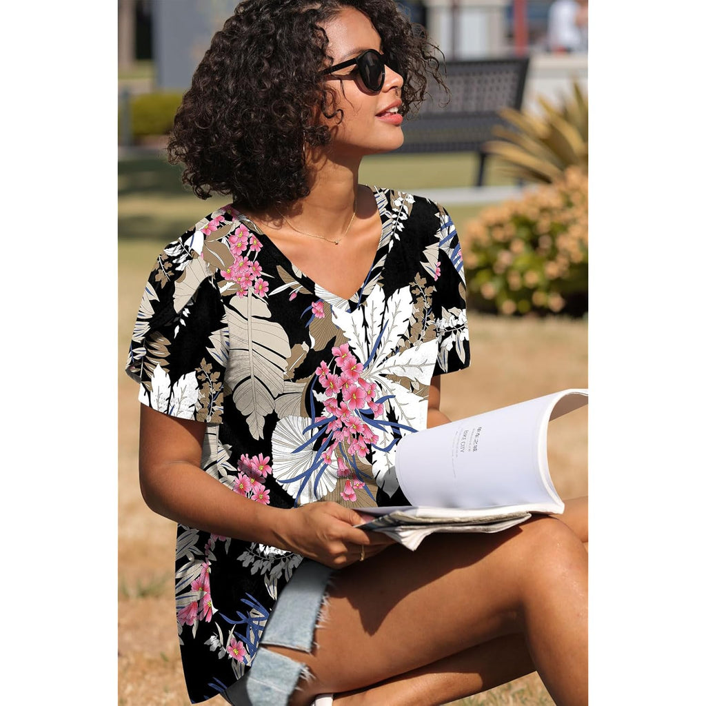 Women's Classic V-Neck Tunic Top Leaf Pink