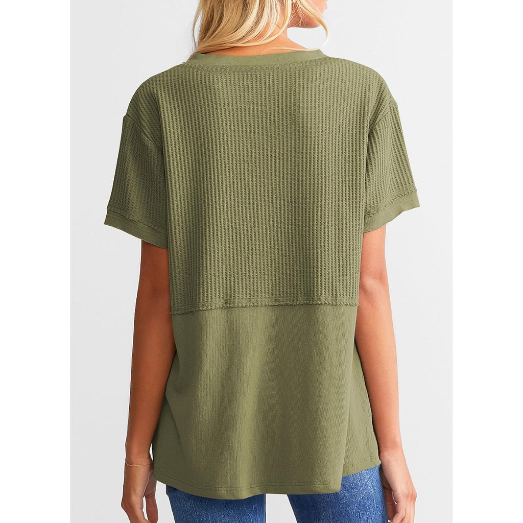 SHEWIN Womens Casual V Neck Waffle Knit Tops Short Sleeve T Shirts Loose Blouses