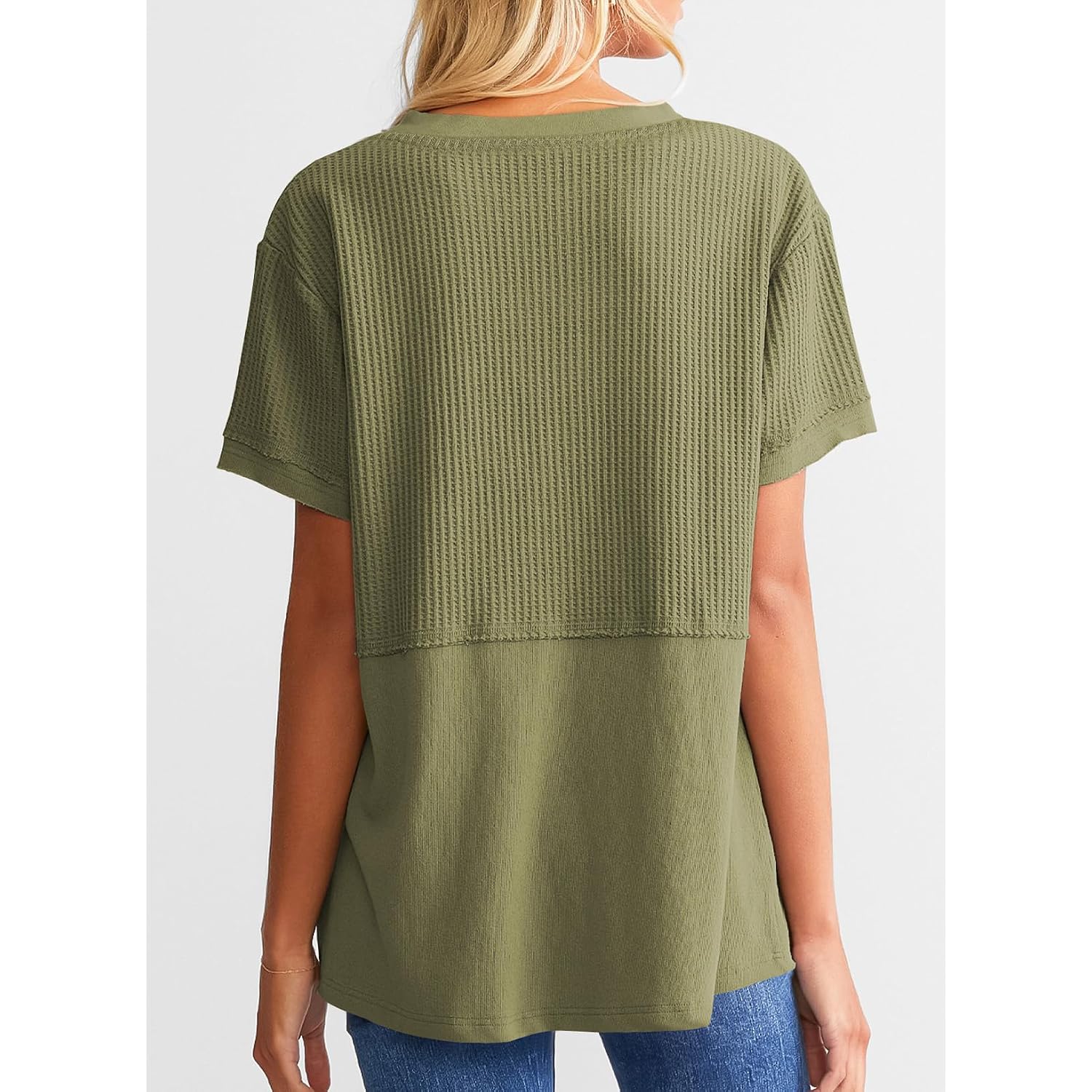SHEWIN Womens Casual V Neck Waffle Knit Tops Short Sleeve T Shirts Loose Blouses