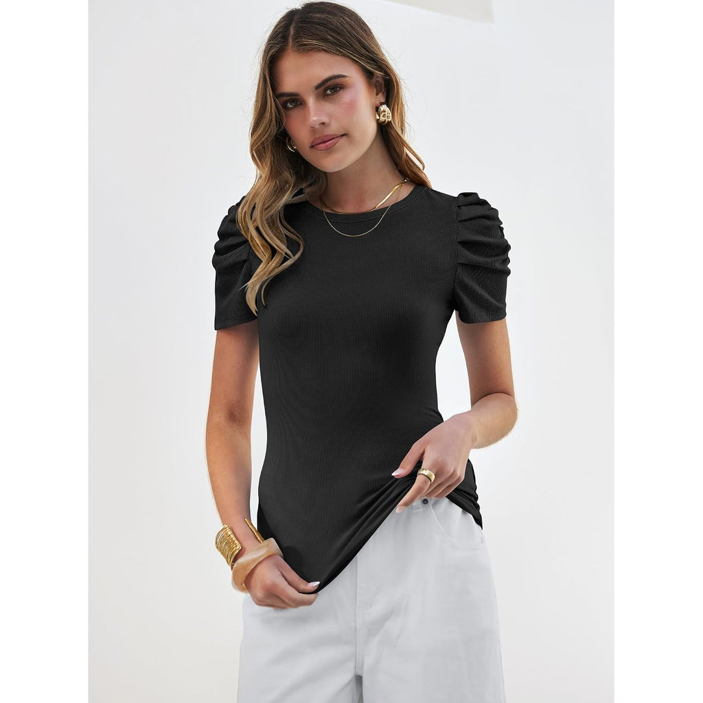 ANRABESS Women Puff Short Sleeve Crewneck Dressy Casual Tops Summer Fitted Ribbed Knit Trendy Work Shirts 2026 Spring Clothes