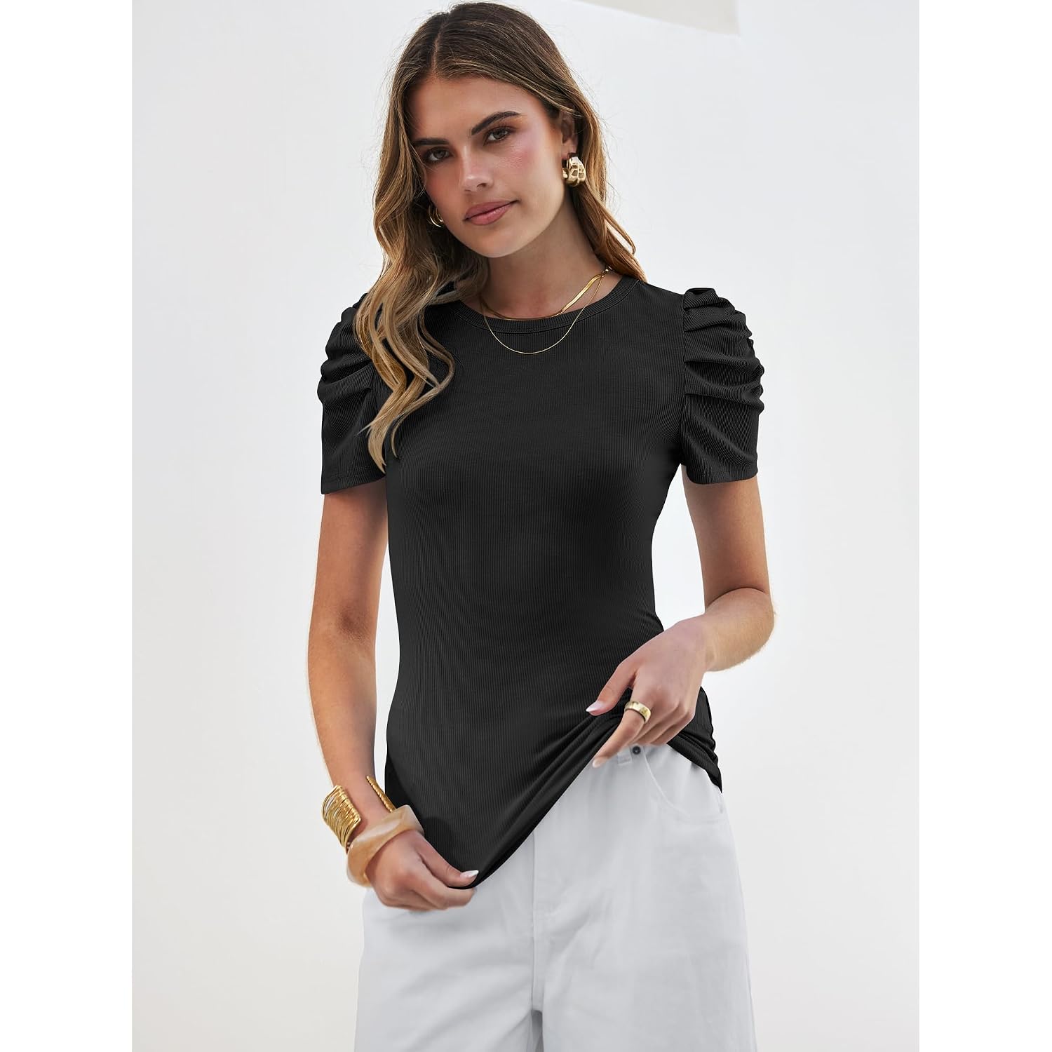 ANRABESS Women Puff Short Sleeve Crewneck Dressy Casual Tops Summer Fitted Ribbed Knit Trendy Work Shirts 2026 Spring Clothes