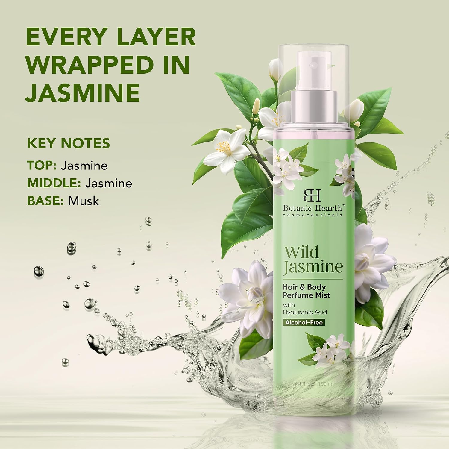 Botanic Hearth Jasmine Hair Perfume & Body Mist, Long-Lasting Hair Deodorizer & Body Scent for Women & Men, Alcohol-Free Clean Fragrance Hair Spray For Everyday Wear, All Day Freshness, 3.4 Fl Oz