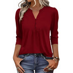 Women's Pleated Henley V-Neck Tunic Top Red