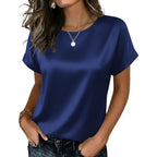 Zeagoo Satin Blouse for Women Business Casual Outfit Short Sleeve Tops Crewneck Tshirt Silk Shirt Summer Clothes
