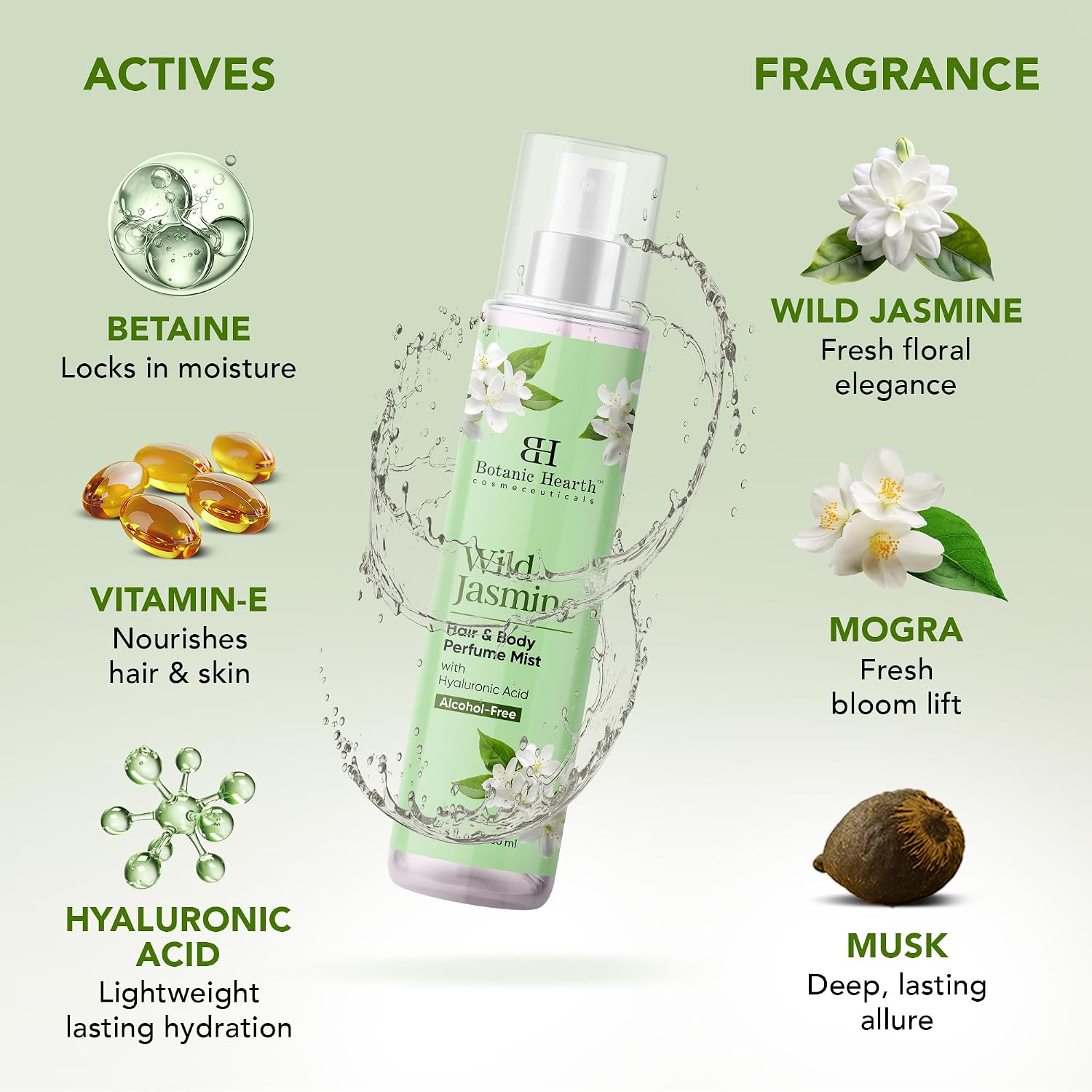 Botanic Hearth Jasmine Hair Perfume & Body Mist, Long-Lasting Hair Deodorizer & Body Scent for Women & Men, Alcohol-Free Clean Fragrance Hair Spray For Everyday Wear, All Day Freshness, 3.4 Fl Oz