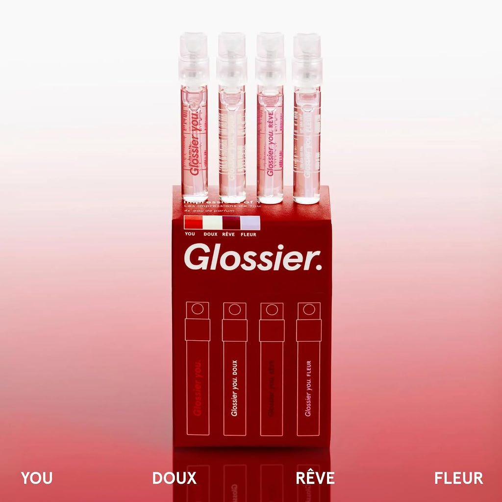 Glossier You Mini Wardrobe Fragrance Set - 4 Unisex Travel Size Eau de Parfum for Women & Men - Skin-Scent Enhancer Perfume Sampler, Smells Different on Everyone - You, Fleur, Doux, Rêve - 1.5ml Each