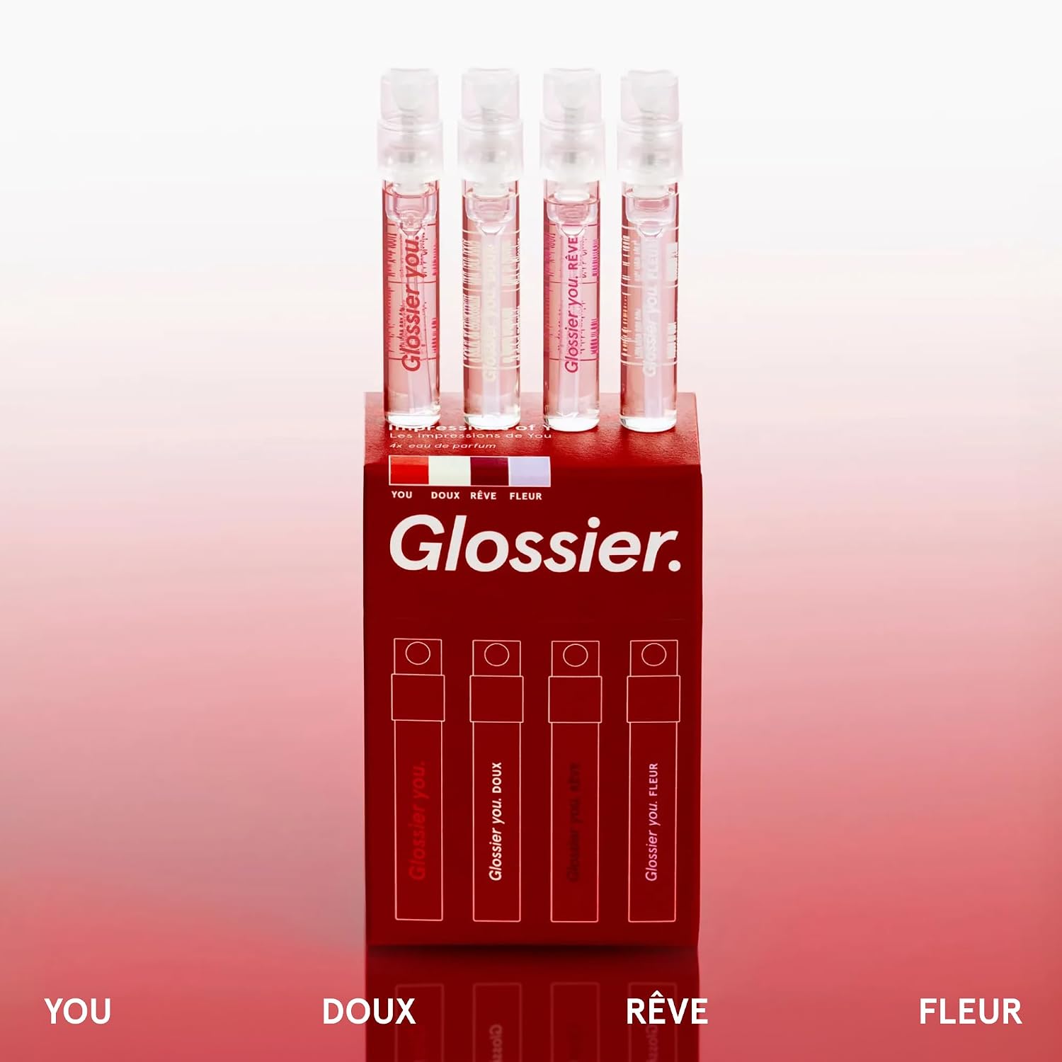 Glossier You Mini Wardrobe Fragrance Set - 4 Unisex Travel Size Eau de Parfum for Women & Men - Skin-Scent Enhancer Perfume Sampler, Smells Different on Everyone - You, Fleur, Doux, Rêve - 1.5ml Each