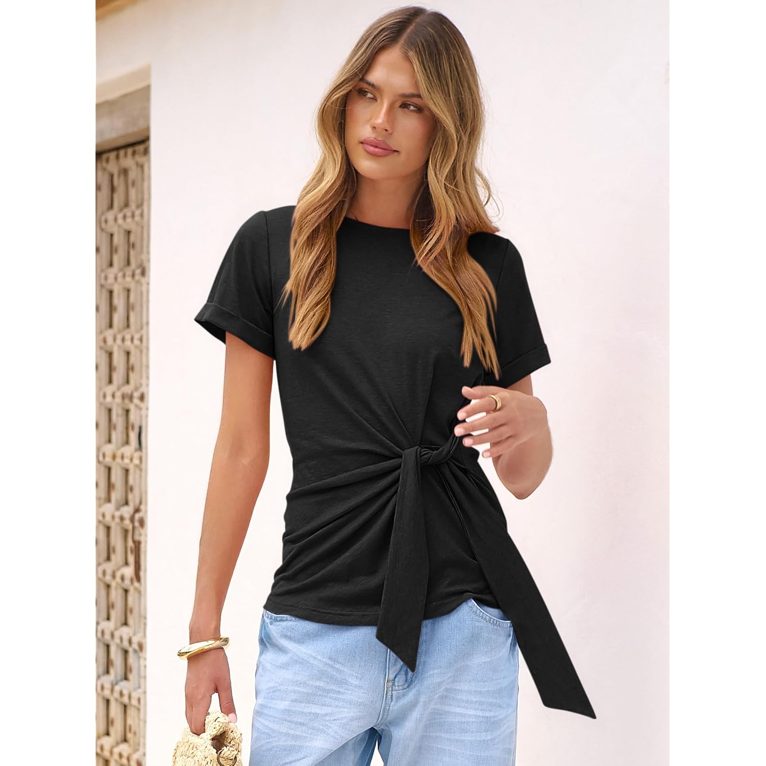 ANRABESS Womens Tops Summer Short Sleeve Crewneck Tie Waist Shirts Dressy Casual Blouse Tee 2026 Business Work Trendy Clothes