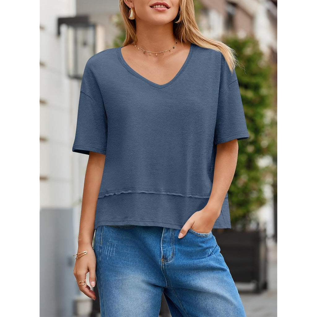 Cicy Bell Womens Summer V Neck T Shirts Casual Short Sleeve Flowy Tops Cute Loose Fit Basic Tees