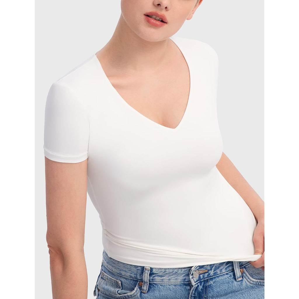 PUMIEY Women's V Neck Short Sleeve T Shirts Slim Fit Going Out Tops Sexy Basic Tee Sharp Collection