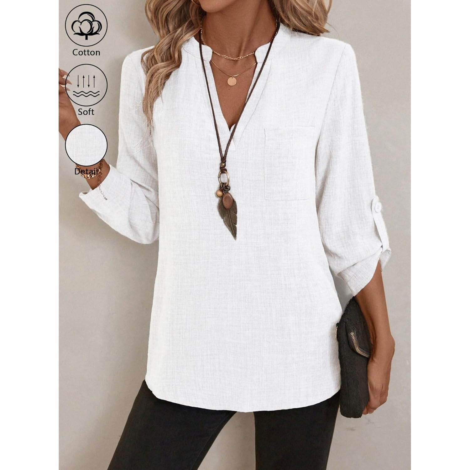 Women's Roll-Up Sleeve Tunic Top White