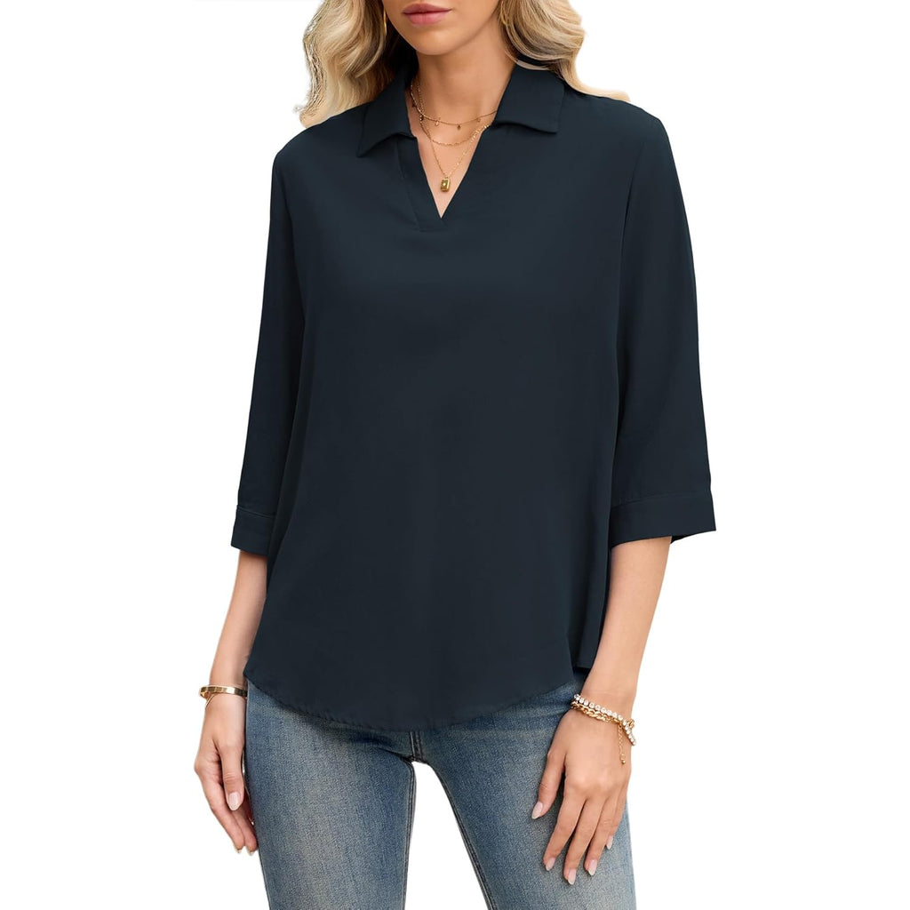 Women's Collared Cotton Linen Tunic Top Navy Blue
