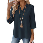 Women's Collared Cotton Linen Tunic Top Navy Blue