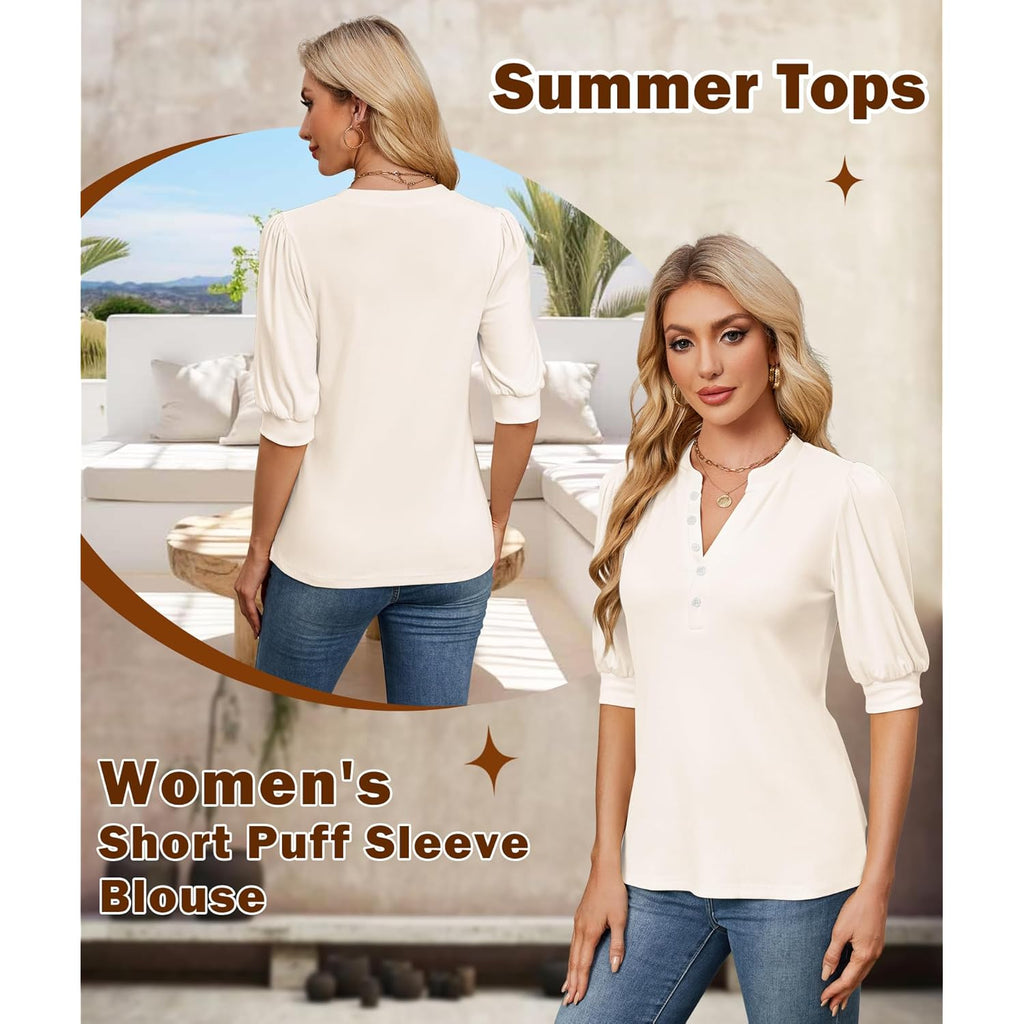 Women's Puff Sleeve Henley Tunic Top White