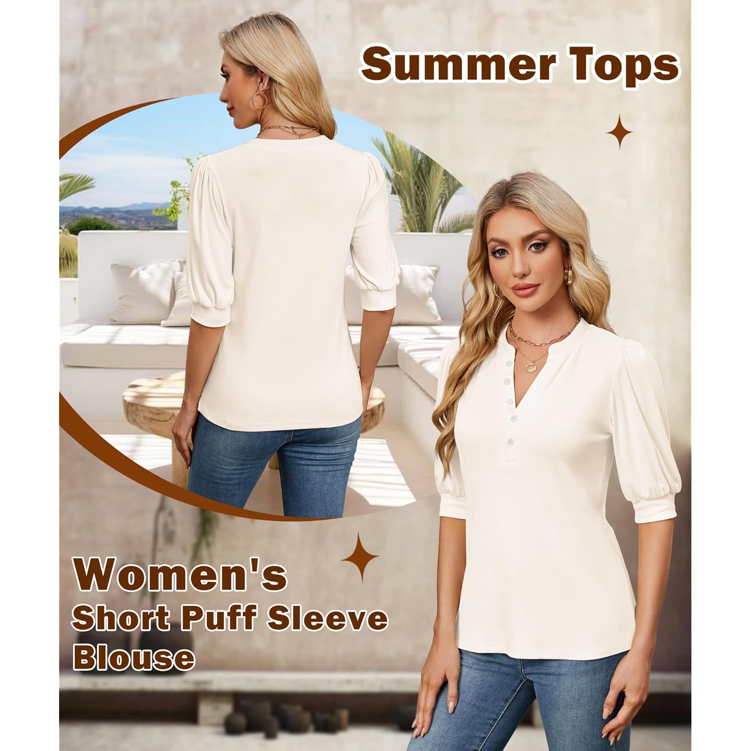 Women's Puff Sleeve Henley Tunic Top White