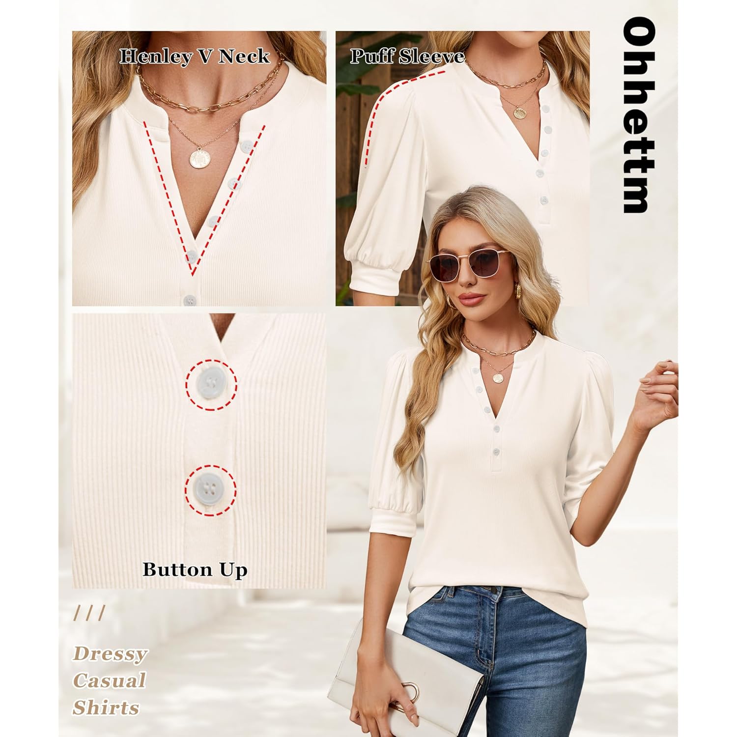 Women's Puff Sleeve Henley Tunic Top White