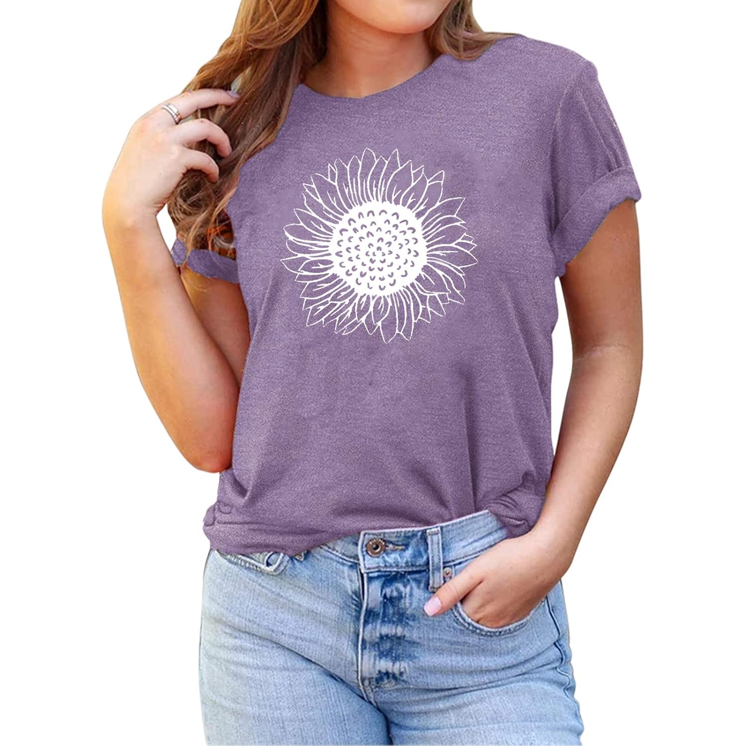 MaQiYa Womens Cute Sunflower Graphic Printed Tee Shirts Vintage Short Sleeve Cotton Shirts Tops