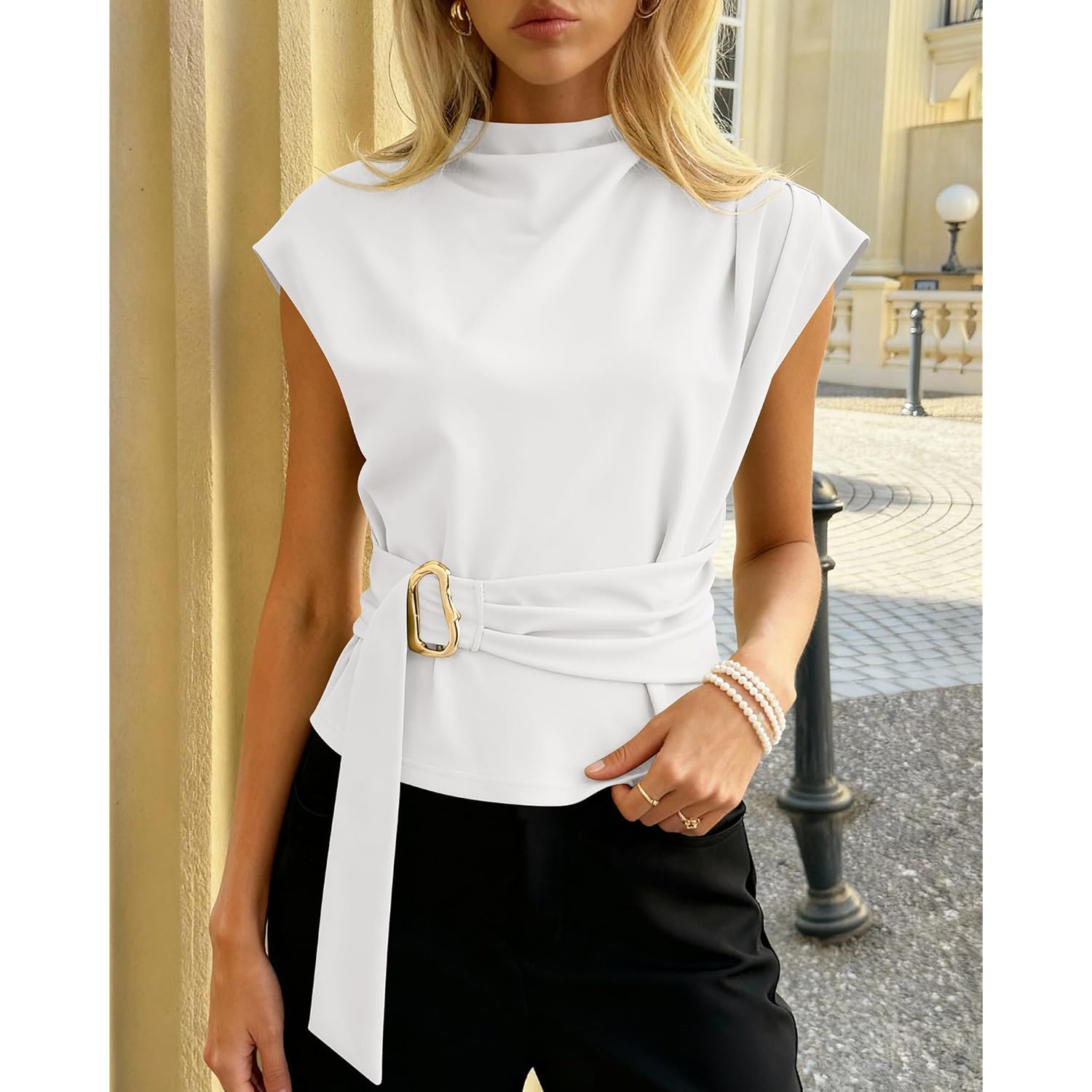 Women's Mock Neck Buckle Tunic Top White