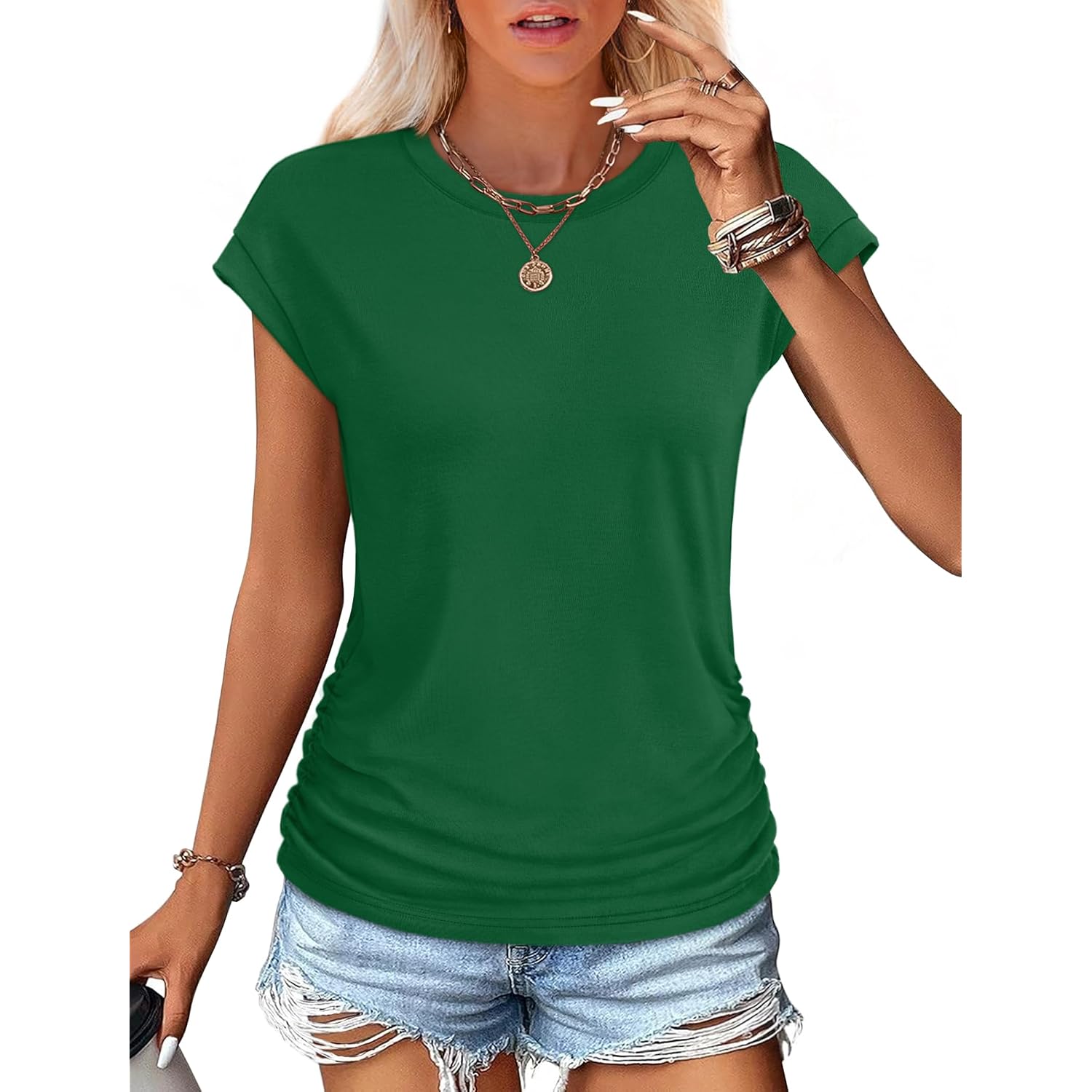 SAMPEEL Womens Summer Tops Trendy 2025 Ruched Cap Short Sleeve Tshirts Shirts Crew Neck T Shirts Fashion