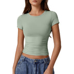 QINSEN Short Sleeve Shirts for Women Round Neck Basic Double Lined Tees Fitted Y2k Crop Tops