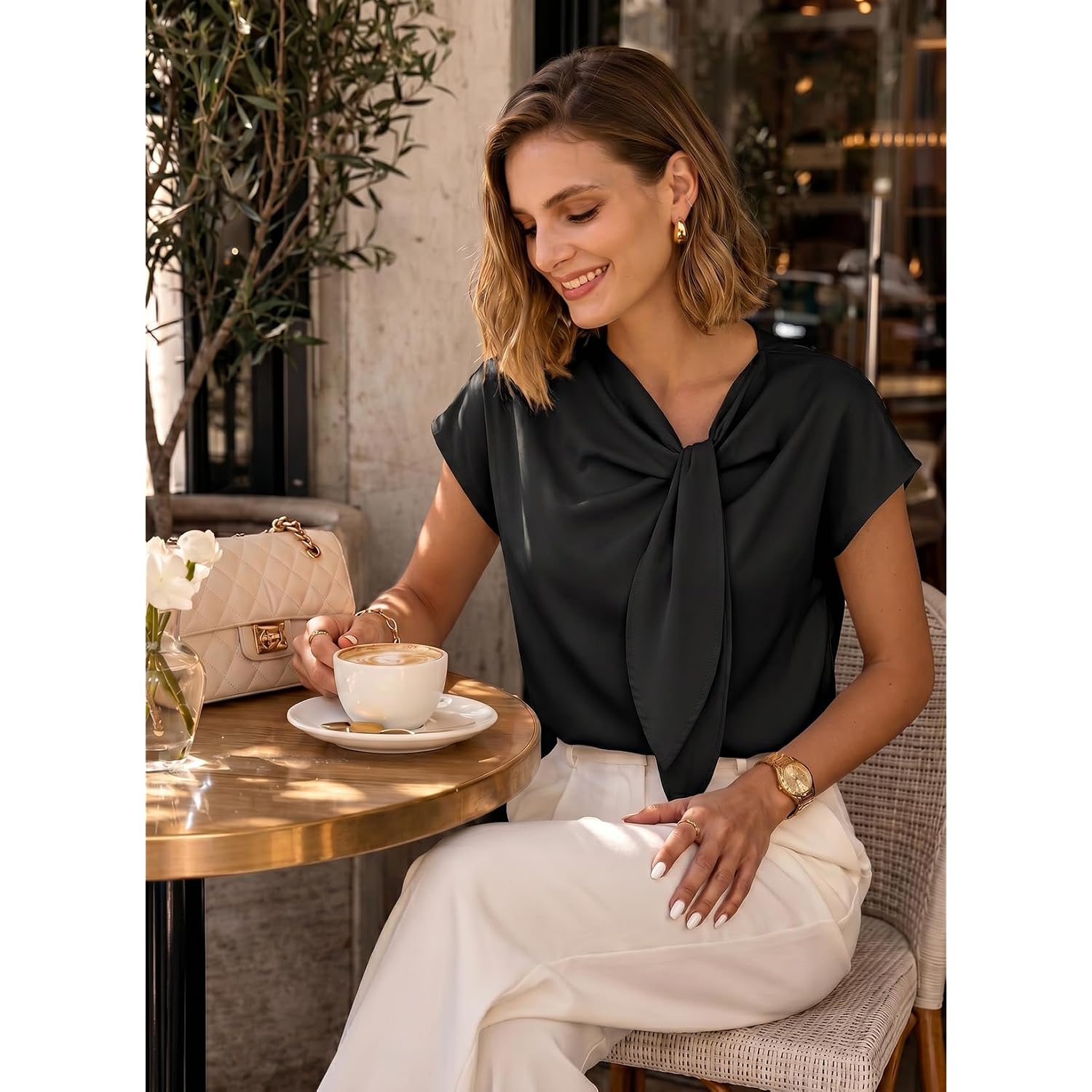 Dokotoo Women's Business Casual Short Sleeve Chiffon Slit Shirts 2026 Summer Elegant Knot Neckline Tops