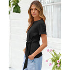 ANRABESS Womens Tops Summer Short Sleeve Crewneck Tie Waist Shirts Dressy Casual Blouse Tee 2026 Business Work Trendy Clothes