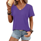ATHMILE Womens V Neck Short Sleeve Summer T Shirts Curved Hem Plain Top Beach