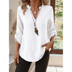 Women's Roll-Up Sleeve V-Neck Tunic Top White