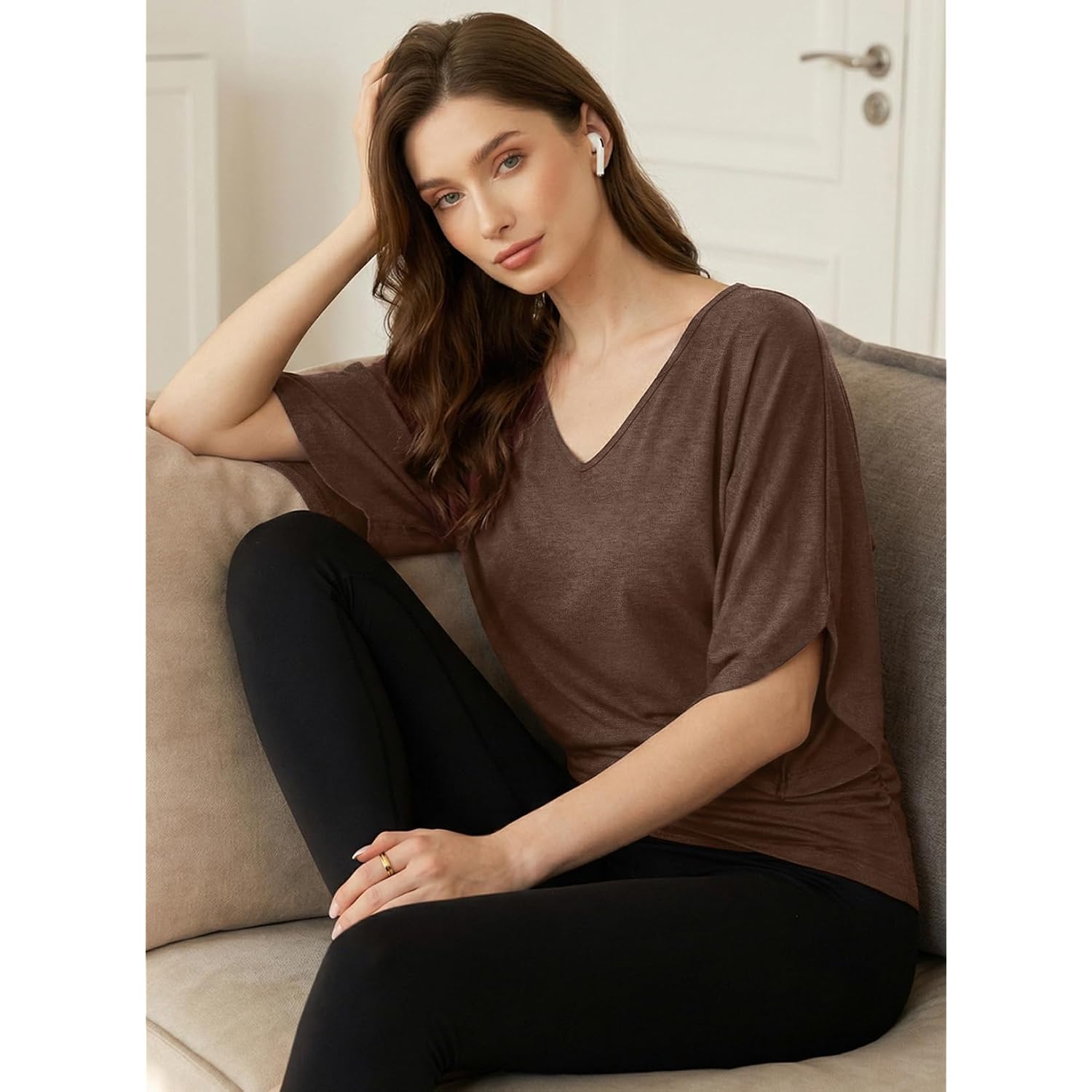 EVALESS Womens Tops Spring Summer Dressy Casual V Neck 3/4 Batwing Sleeve Ruched T-Shirt Business Work Outfits Blouses
