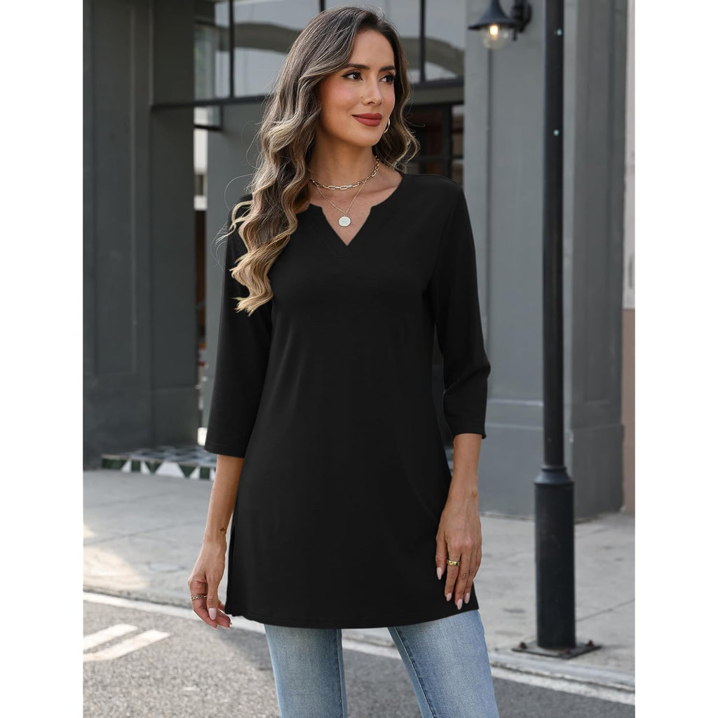 Women's Side Slit V-Neck Tunic Top Black