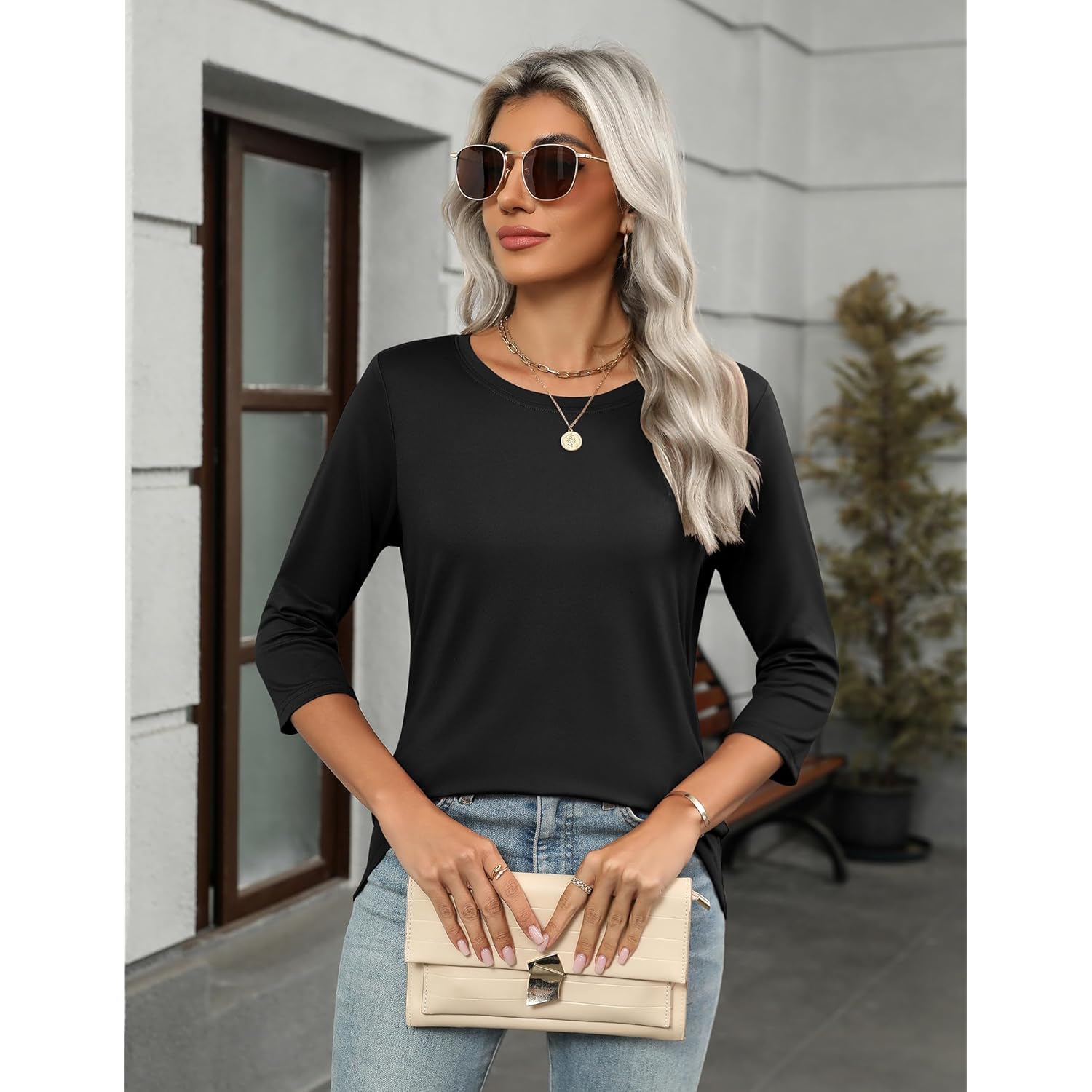 Women's Round Neck Business Tunic Top Black