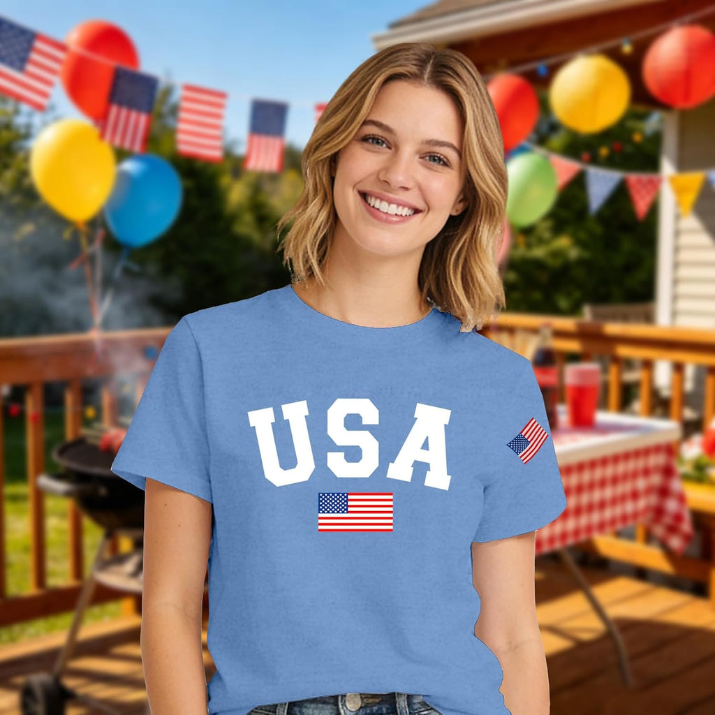 USA 4th of July Shirts Women Patriotic American Flag T-Shirts Fourth of July Red White and Blue Tee Tops