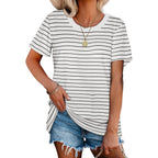 Jescakoo Womens Tops Summer Short Sleeve Ribbed Trim Crewneck T Shirts Spring Vacation Outfits Fashion Clothing Basic Tee
