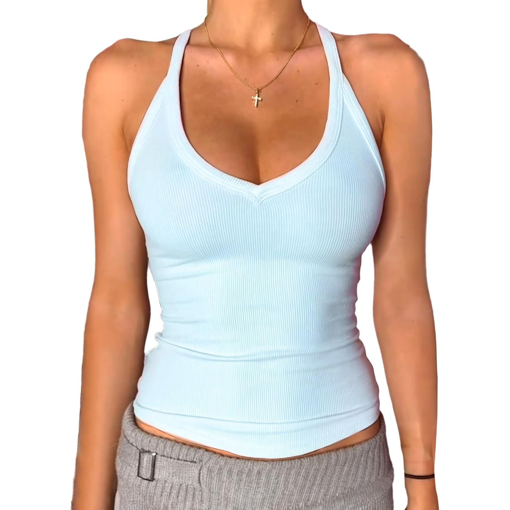 Danysu V Neck Racer Back Tank Top for Women Padded Ribbed Long Tank Fitted Basic Cami Tops