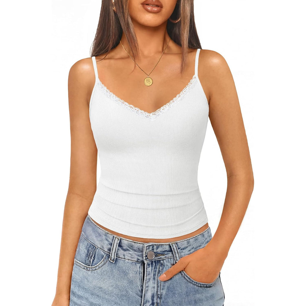 GKBK Womens Lace Tank Tops Ribbed V Neck Adjustable Spaghetti Straps Sleeveless Shirts Y2K Fitted Summer Basic Cami Tops