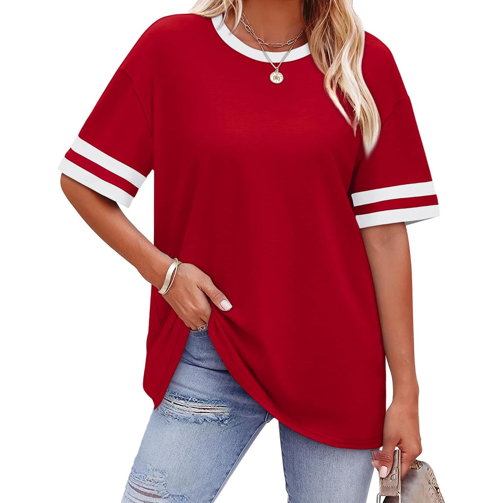 WIHOLL Womens T Shirts Loose Fit Short Sleeve Tees Crew Neck Color Block Summer Tops 2026 Fashion