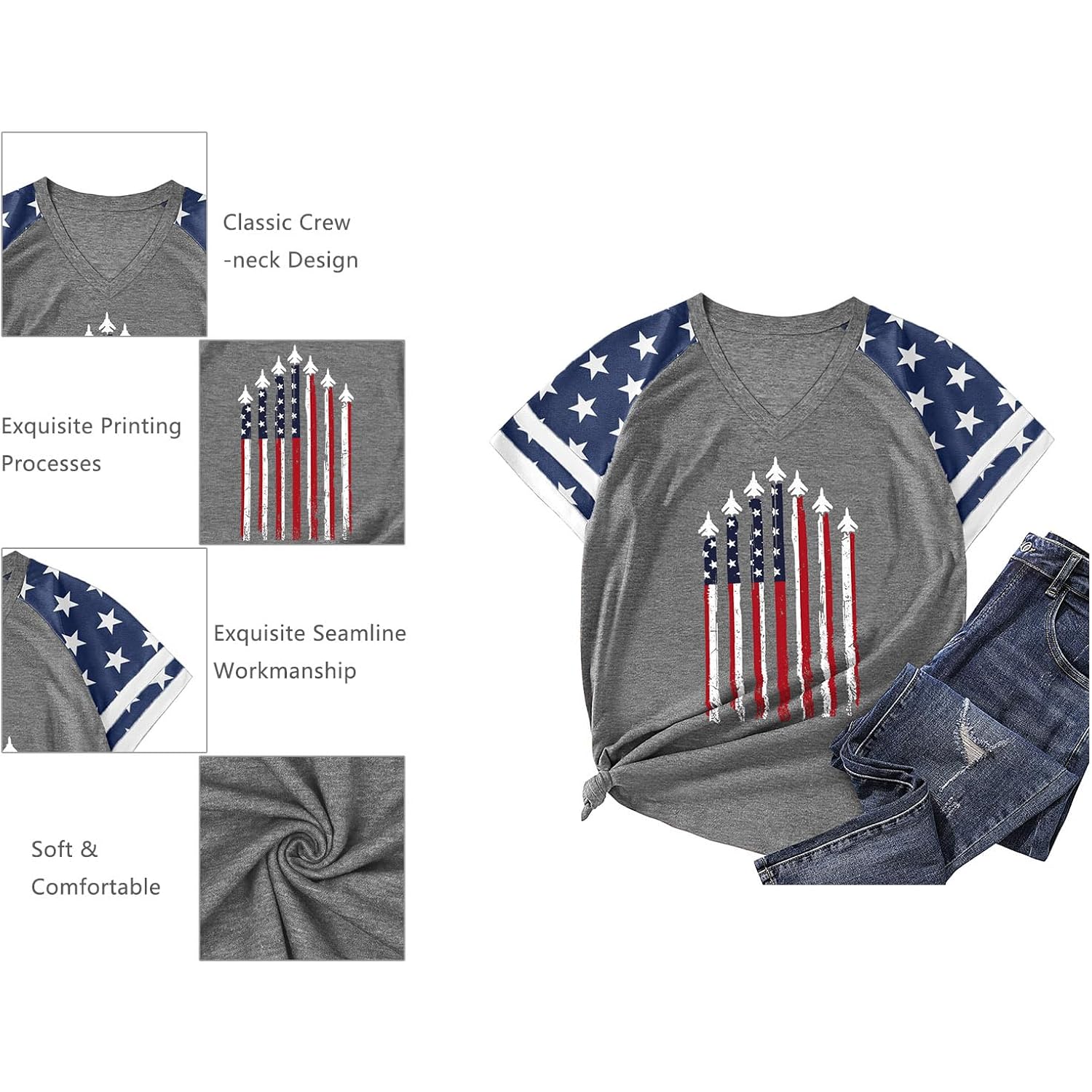 American Flag Shirts Women Patriotic Shirt 4th of July Tee Tops V-Neck Short Sleeve Summer T-Shirt