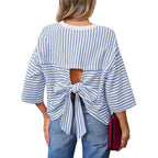 Dokotoo Womens Tops 2026 Striped Tie Back Short Sleeve T Shirts Crewneck Casual Loose Basic Tee Summer Outfits