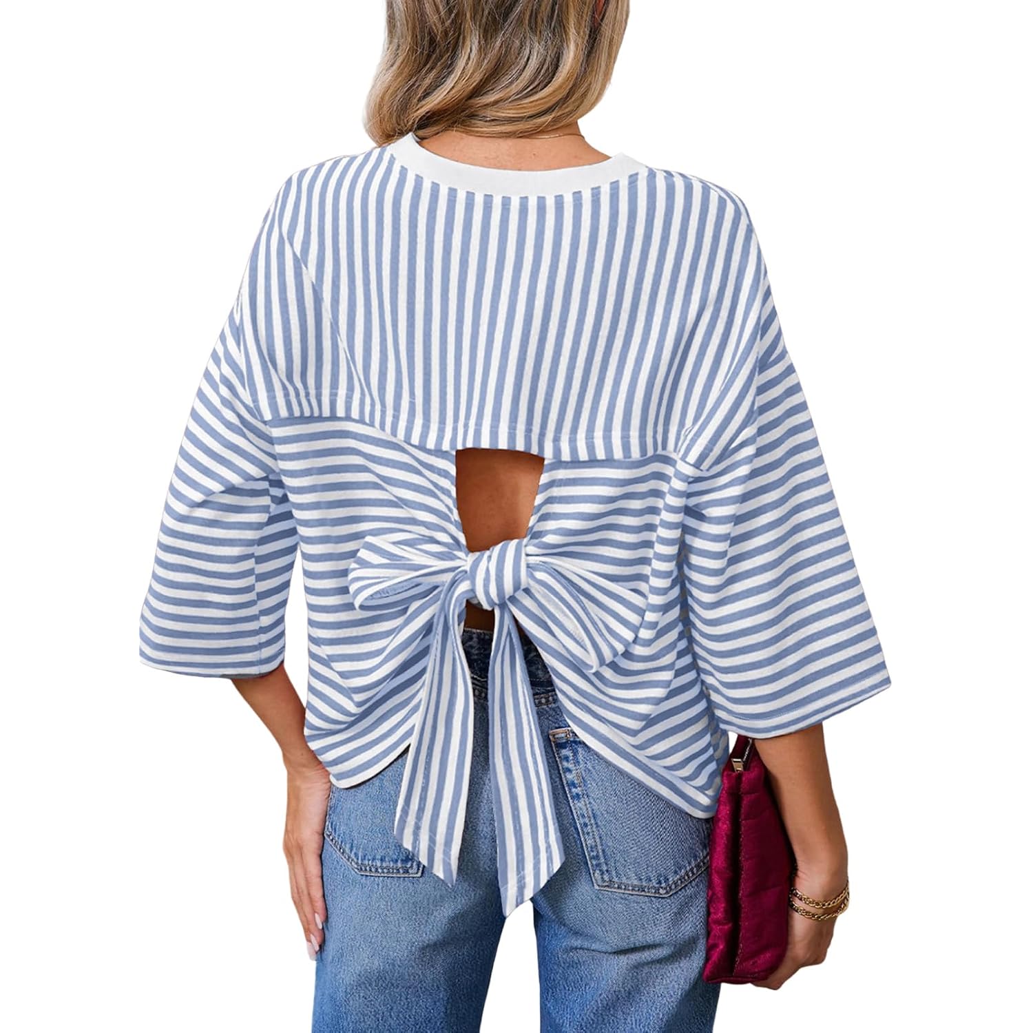 Dokotoo Womens Tops 2026 Striped Tie Back Short Sleeve T Shirts Crewneck Casual Loose Basic Tee Summer Outfits