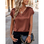 Zeagoo Women Silk Satin Tops Cap Short Sleeve Blouse V Neck Shirts Business Casual Outfits S-2XL