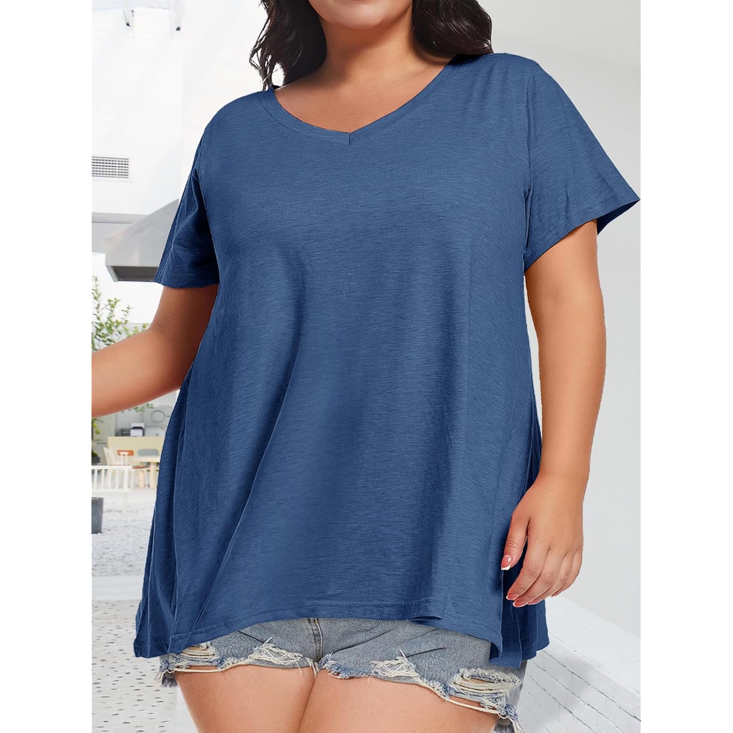 Women's Loose Fit V-Neck Tunic Top Grey/Blue