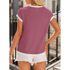 EVALESS Women's Short Sleeve T Shirts Crewneck Color Block Ribbed Knit Tee Blouses 2026 Trendy Summer Tops