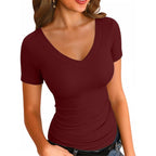 VICHYIE Womens Tops Short Sleeve Basic Casual V Neck Slim Fitted T-Shirts Ribbed Knit Shirt Trendy Fashion Tee