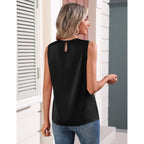 Women's Pleated Satin Crew Neck Tank Top Black