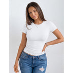 Trendy Queen Womens Basic T Shirts - Stretchy Soft Slim Fit Short Sleeve Y2k Cute Summer Crop Workout Tops
