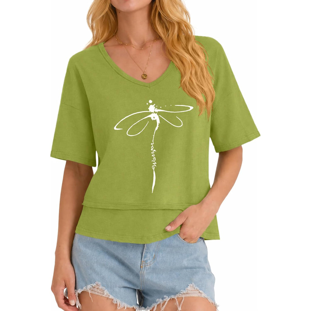 LOMON Women's V Neck 100% Cotton T Shirts Oversized Boxy Cropped Tops Casual Short Sleeve Summer Cute Tees