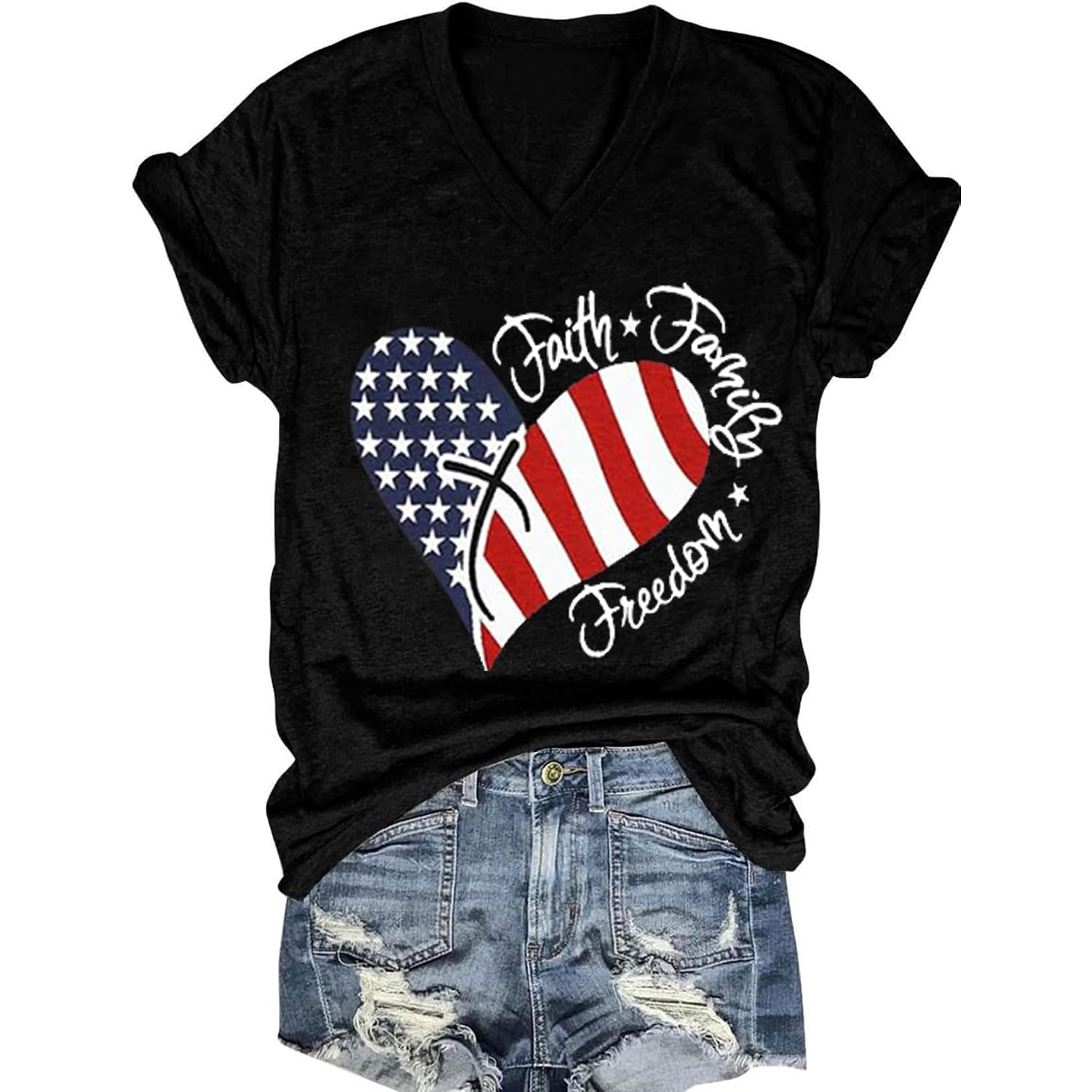 PUCKOLITY American Flag Patriotic V-Neck Shirt Women 4th of July T-Shirt USA Flag Stars Stripes Graphic Tee Tops