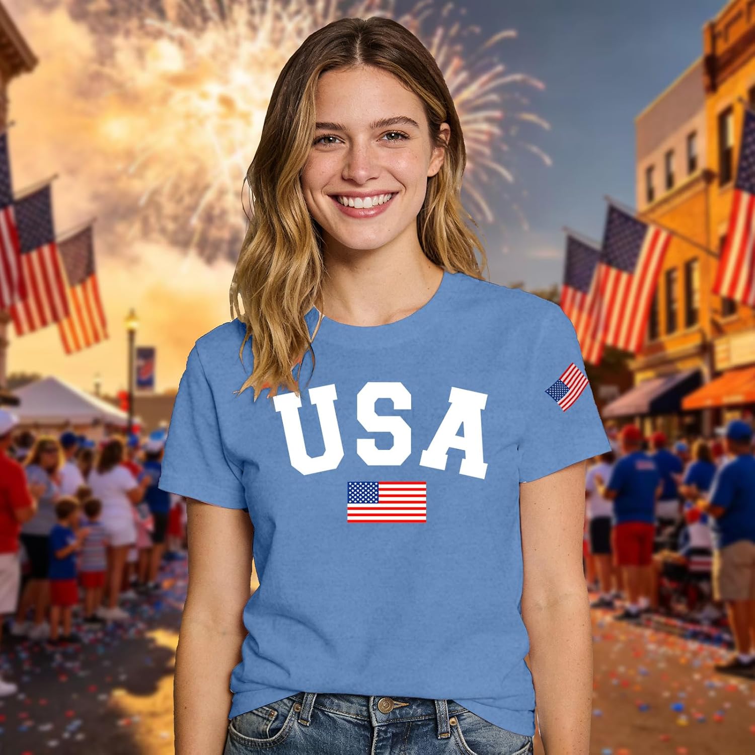 USA 4th of July Shirts Women Patriotic American Flag T-Shirts Fourth of July Red White and Blue Tee Tops